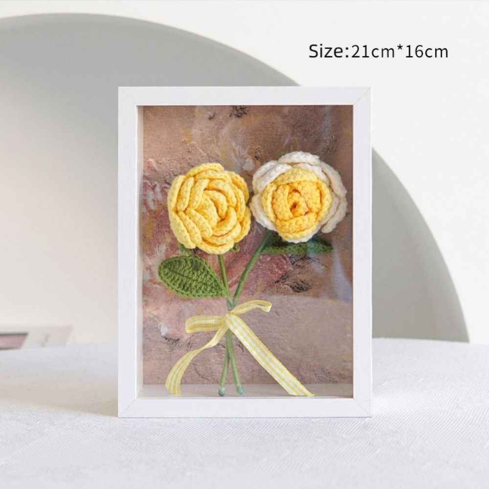 Crochet Bouquets Photo Frame Handmade Knitted Flower Shadowbox Frame Desktop Decoration