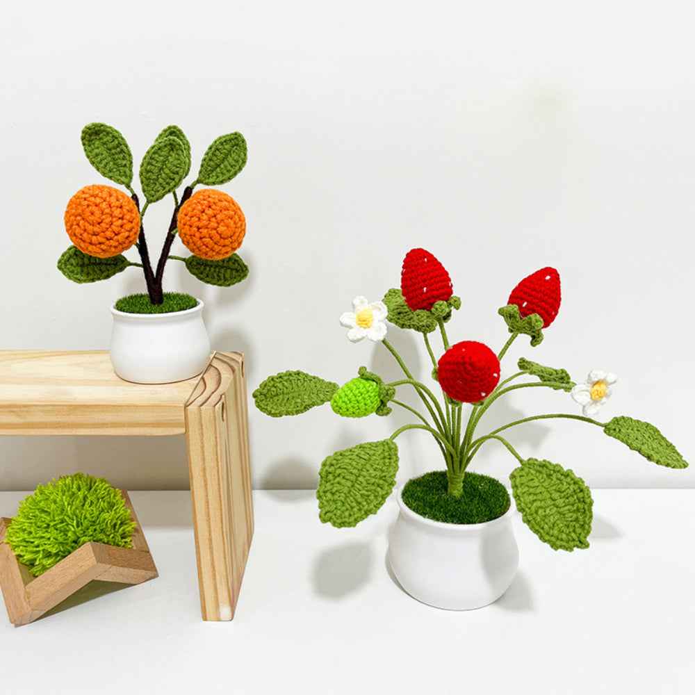Strawberry Orange Potted Plants Completed Hand Woven Knitted Potted Plants Gift for Handicraft Lover