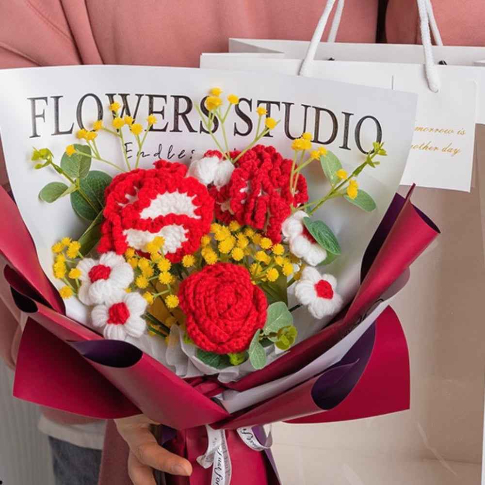 Crochet Flowers Bouquet Handmade Knitted Carnation Bouquet with Light Strip Gift for Her Wedding Gift