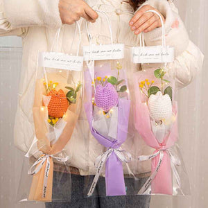 Crochet Flowers Bouquet Handmade Knitted Tulip Carnation Bouquet with Light Strip Gift for Her Wedding Gift