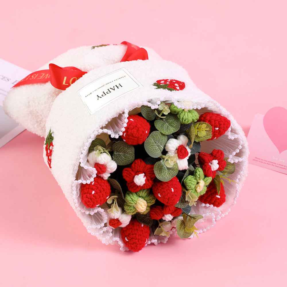 Crochet Flowers Bouquet Handmade Knitted Strawberry Bouquet with Light Strip Gift for Lovers Wedding Gift