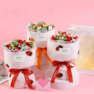 Crochet Flowers Bouquet Handmade Knitted Strawberry Bouquet with Light Strip Gift for Lovers Wedding Gift