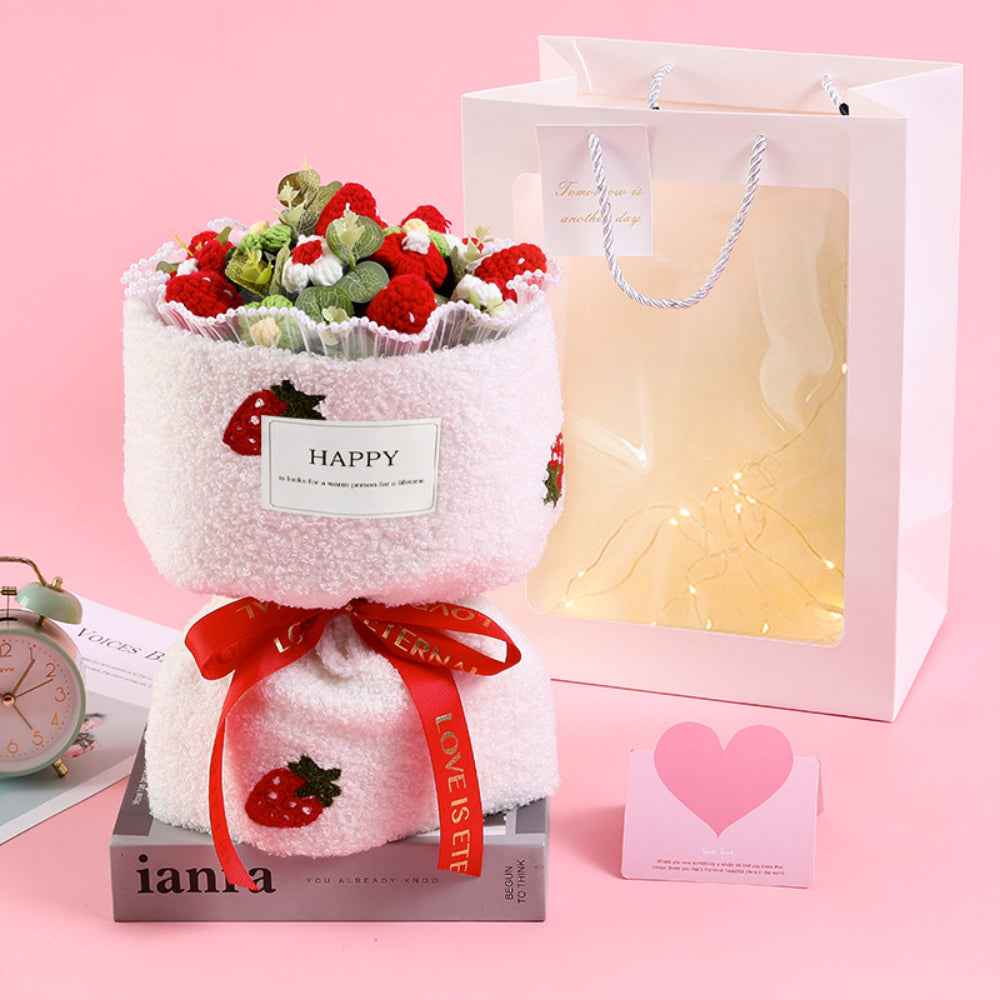 Crochet Flowers Bouquet Handmade Knitted Strawberry Bouquet with Light Strip Gift for Lovers Wedding Gift
