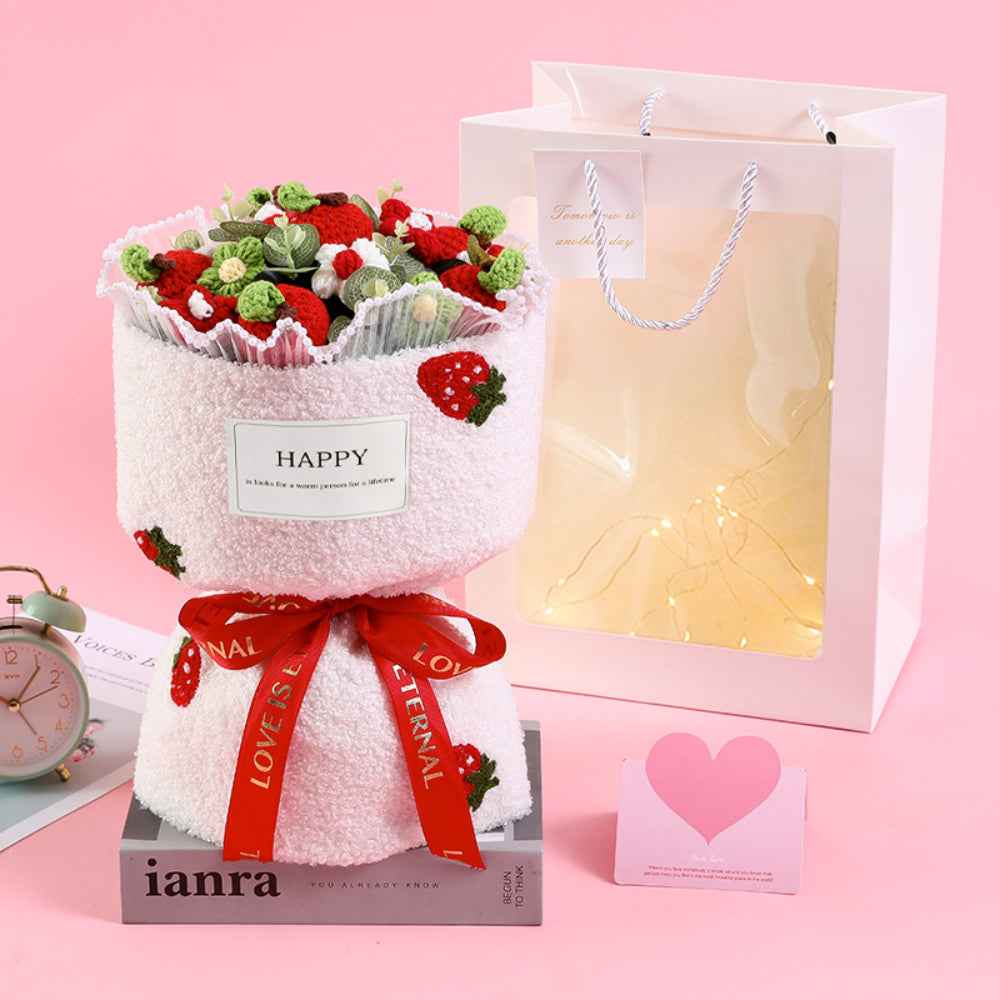 Crochet Flowers Bouquet Handmade Knitted Strawberry Bouquet with Light Strip Gift for Lovers Wedding Gift