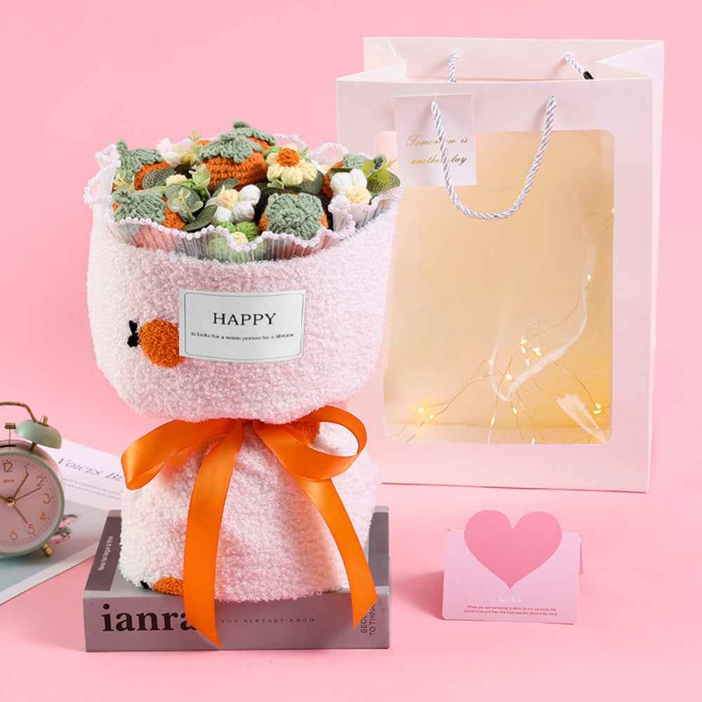 Crochet Flowers Bouquet Handmade Knitted Strawberry Bouquet with Light Strip Gift for Lovers Wedding Gift