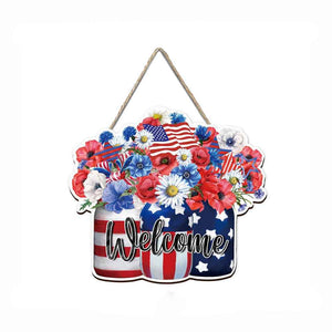 4th of July Flowers Welcome Door Sign Independence Day Decorations Front Door Hanger