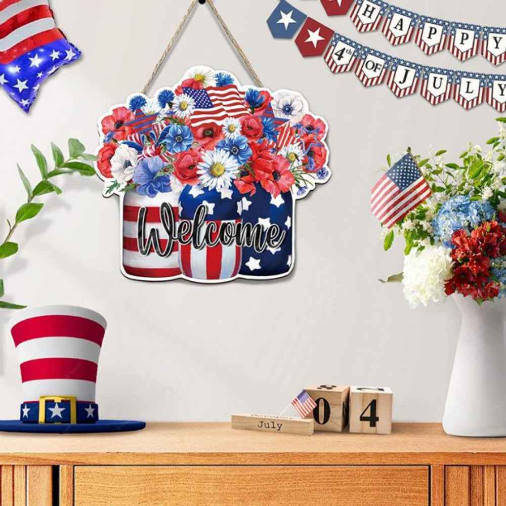 4th of July Flowers Welcome Door Sign Independence Day Decorations Front Door Hanger
