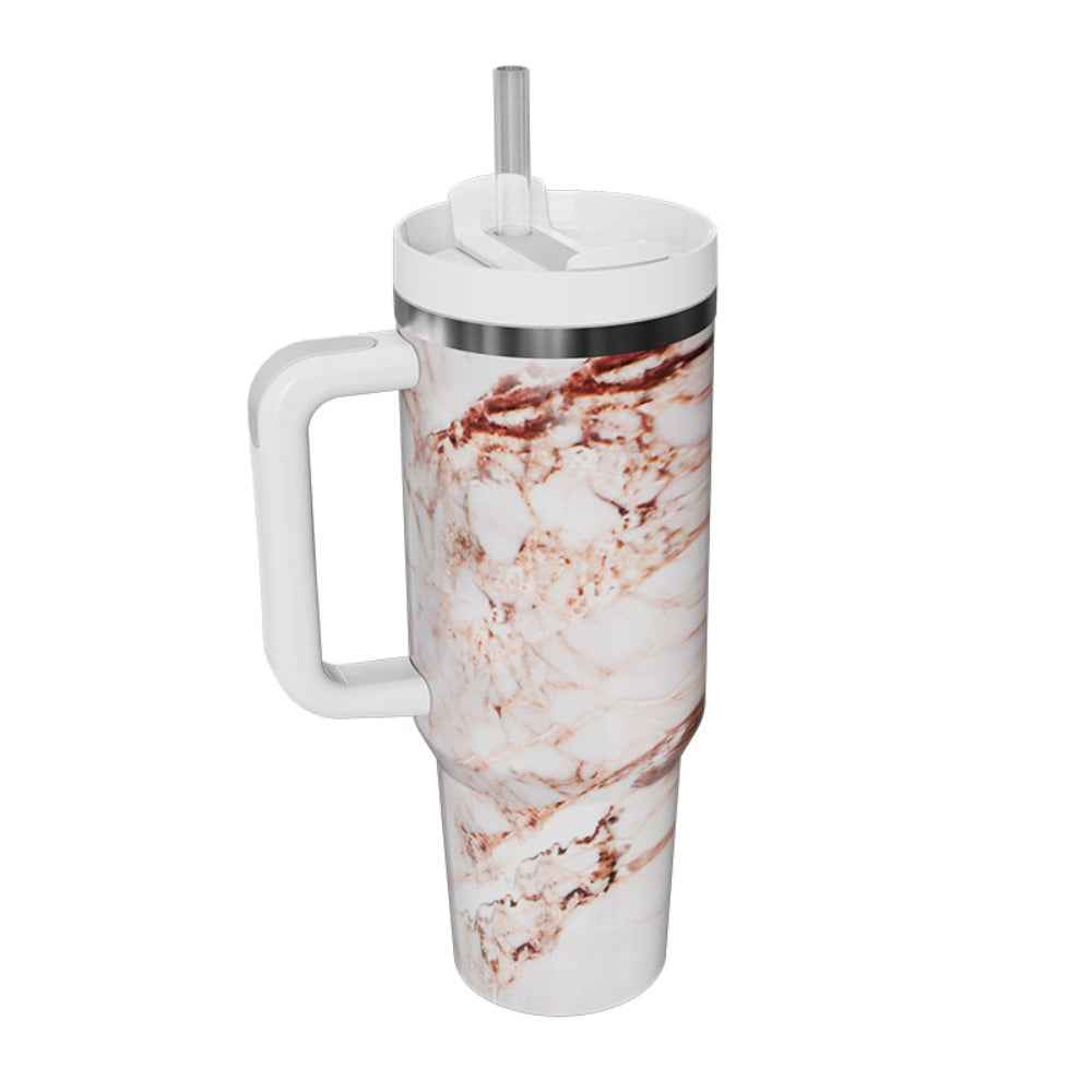 40oz Insulated Mug with Handle and Straw Marble Pattern Stainless Steel Travel Cup Gift for Family Friends Couples