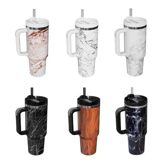 40oz Insulated Mug with Handle and Straw Marble Pattern Stainless Steel Travel Cup Gift for Family Friends Couples