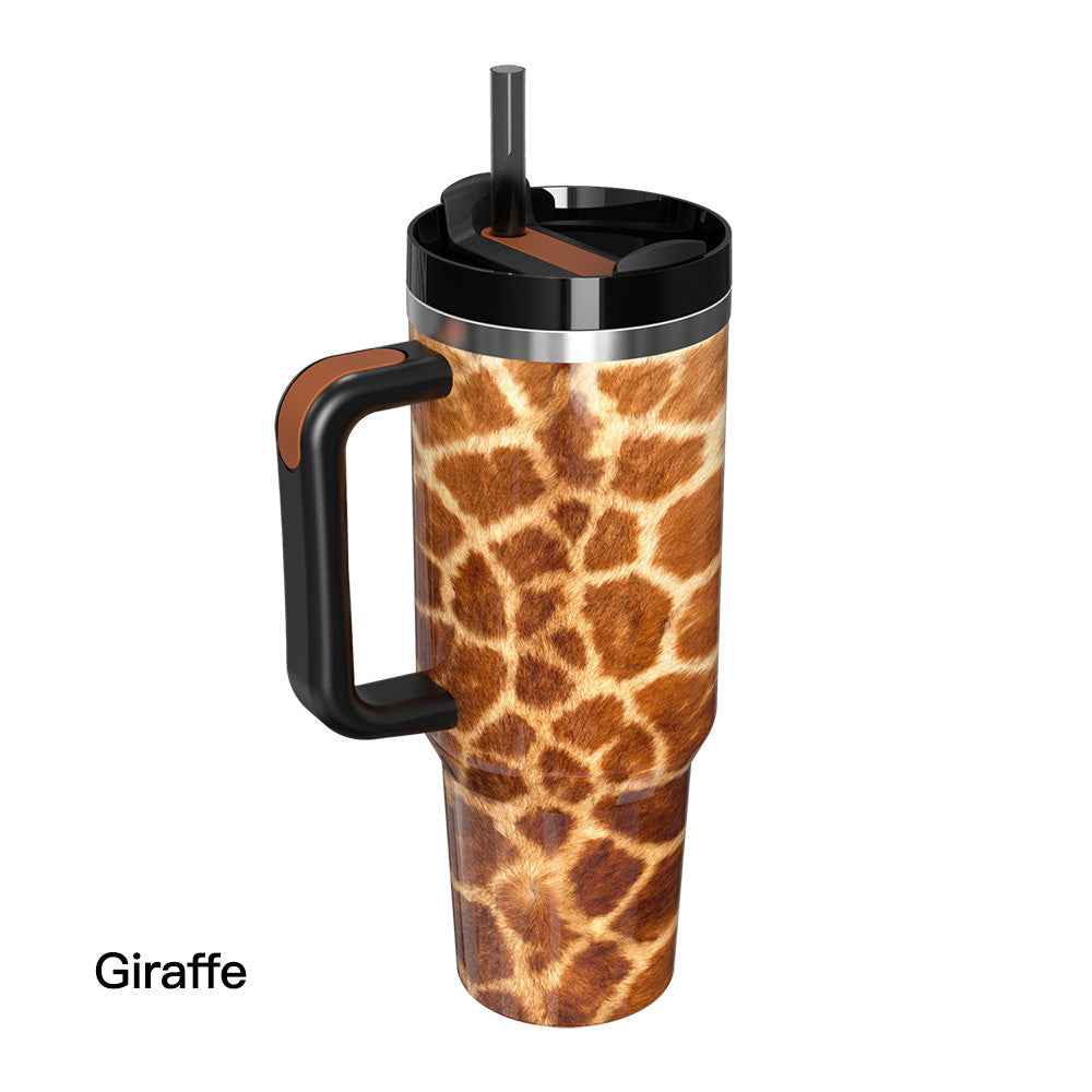 40oz Insulated Mug with Handle and Straw Wild Animals Pattern Stainless Steel Travel Cup Gift for Family Friends Couples
