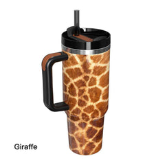 40oz Insulated Mug with Handle and Straw Wild Animals Pattern Stainless Steel Travel Cup Gift for Family Friends Couples