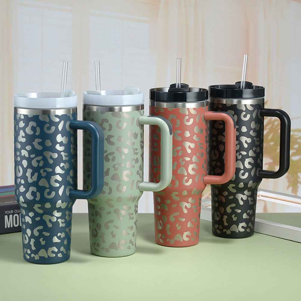 40oz Insulated Mug with Handle and Straw Colorful Leopard Pattern Stainless Steel Travel Cup Gift for Family Friends Couples