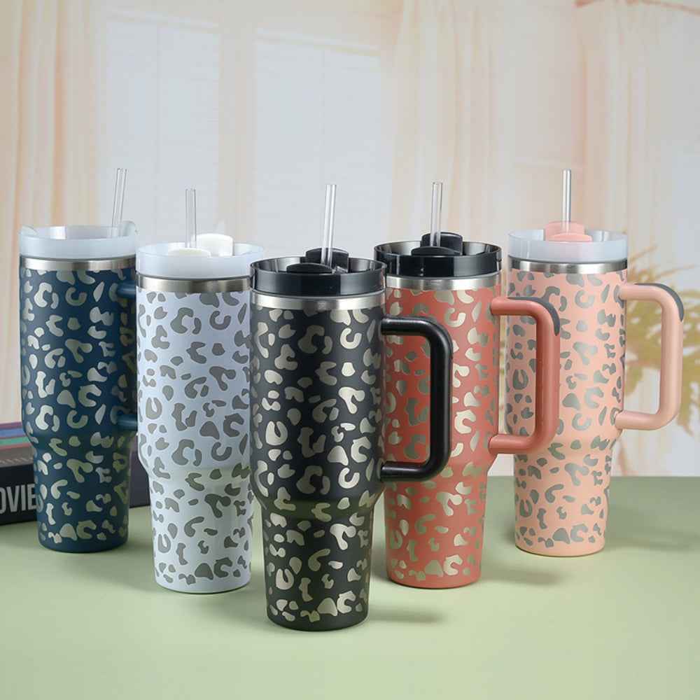 40oz Insulated Mug with Handle and Straw Colorful Leopard Pattern Stainless Steel Travel Cup Gift for Family Friends Couples