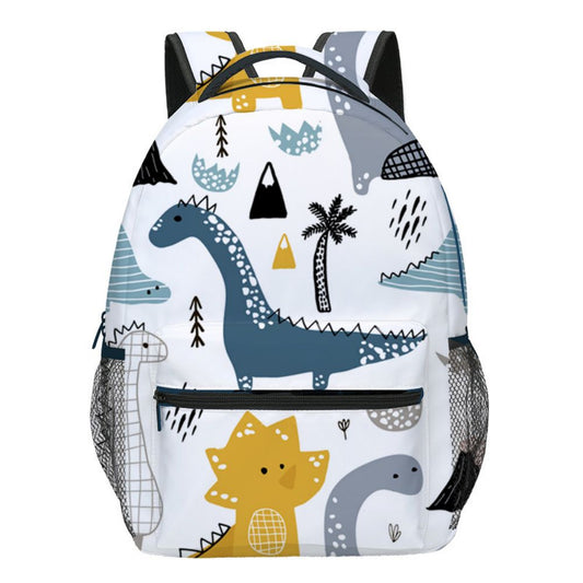 Dinosaur school rucksack backpack for kids — front view with colourful cartoon dinosaur print, ideal preschool and kindergarten bookbag for boys and girls