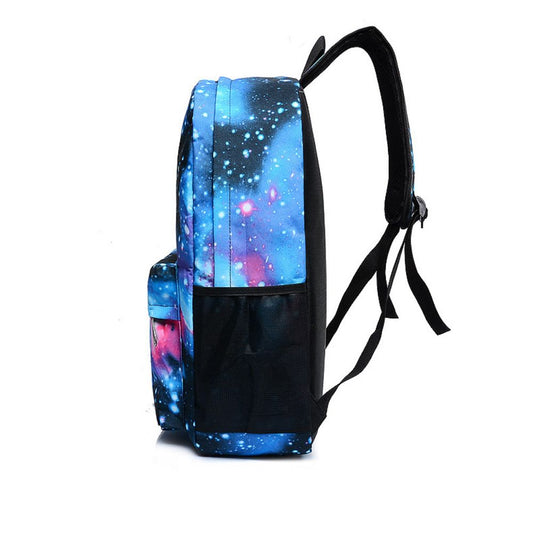 Starry sky lightweight school backpack for kids, front three-quarter view showing colourful star print, durable wipe-clean nylon and zipped main compartment — ideal preschool and primary school bookbag for students
