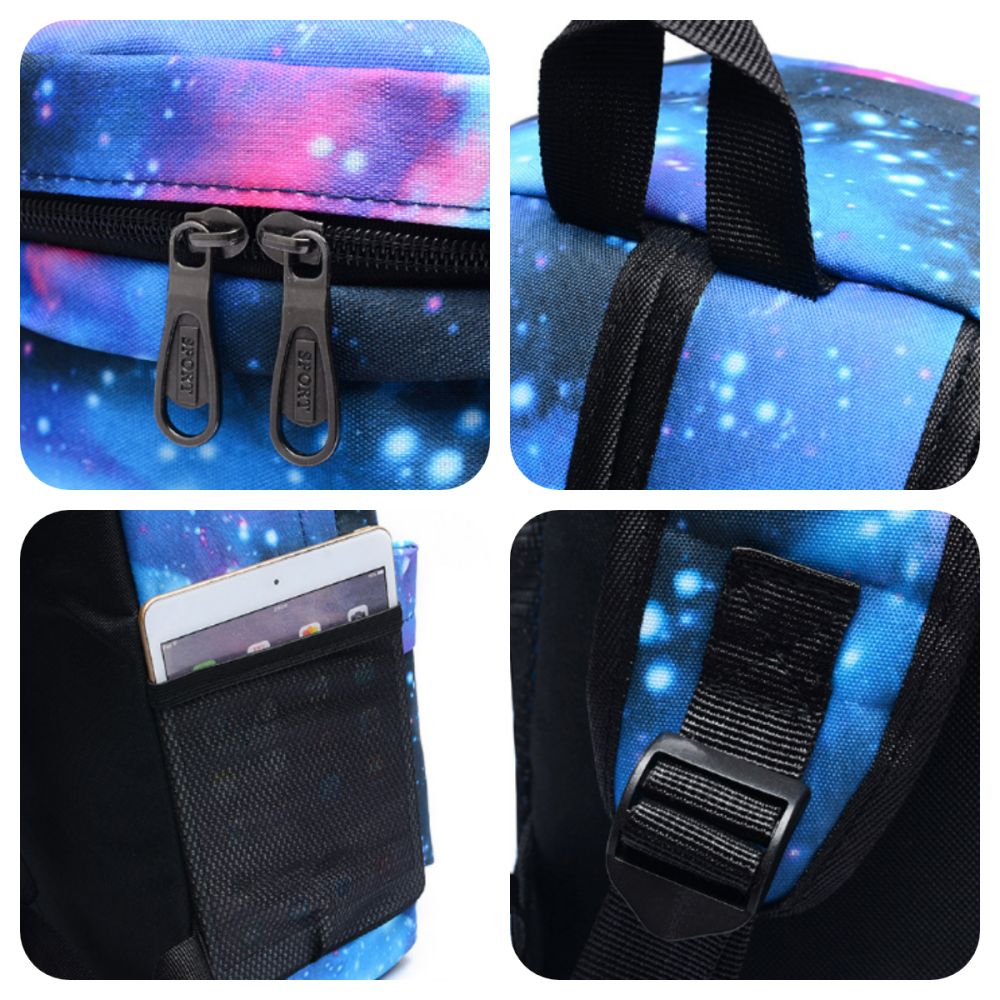 Back view of starry sky backpack showing padded, adjustable shoulder straps and reinforced seams for comfortable wear — lightweight school bag for kindergarten and primary pupils