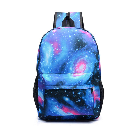 Starry sky lightweight school backpack for kids, front three-quarter view showing colourful star print, durable wipe-clean nylon and zipped main compartment — ideal preschool and primary school bookbag for students