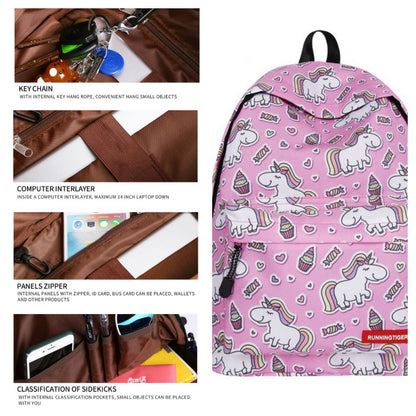 Side and rear view of unicorn lightweight school backpack showing padded adjustable straps and roomy polyester main compartment, compact 40 x 32 cm school bag for toddlers and kindergarten outings