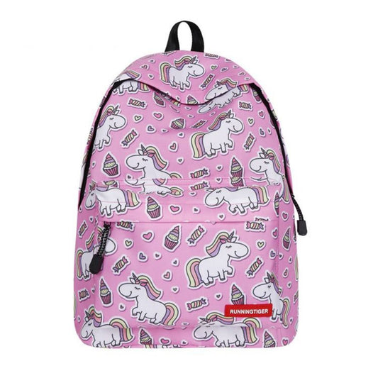 Side and rear view of unicorn lightweight school backpack showing padded adjustable straps and roomy polyester main compartment, compact 40 x 32 cm school bag for toddlers and kindergarten outings