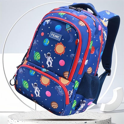 Rainbow Astronaut kids backpack front view – colourful cartoon astronaut preschool and kindergarten school bag, polyester