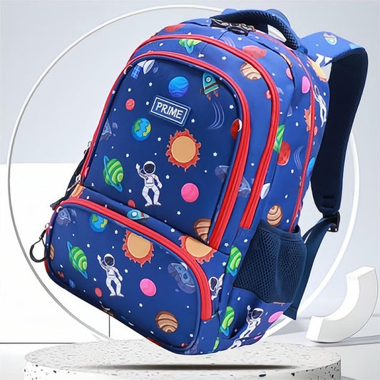 Rainbow Astronaut kids backpack front view – colourful cartoon astronaut preschool and kindergarten school bag, polyester