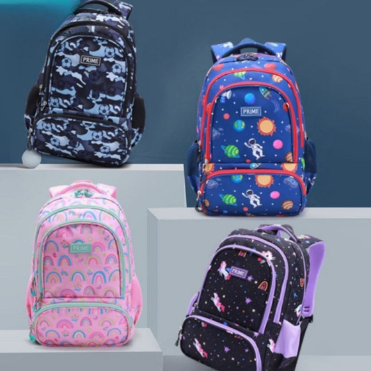Rainbow Astronaut kids backpack front view – colourful cartoon astronaut preschool and kindergarten school bag, polyester