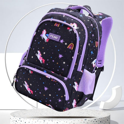 Rainbow Astronaut kids backpack rear view – soft adjustable shoulder straps and top carry handle for kindergarten