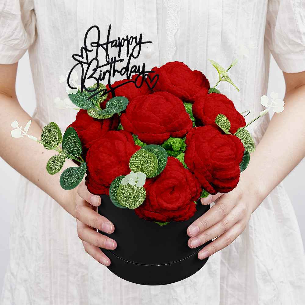 Crochet Flowers Bouquet Handmade Knitted Roses Hug Bucket Birthday Graduation Gift Box