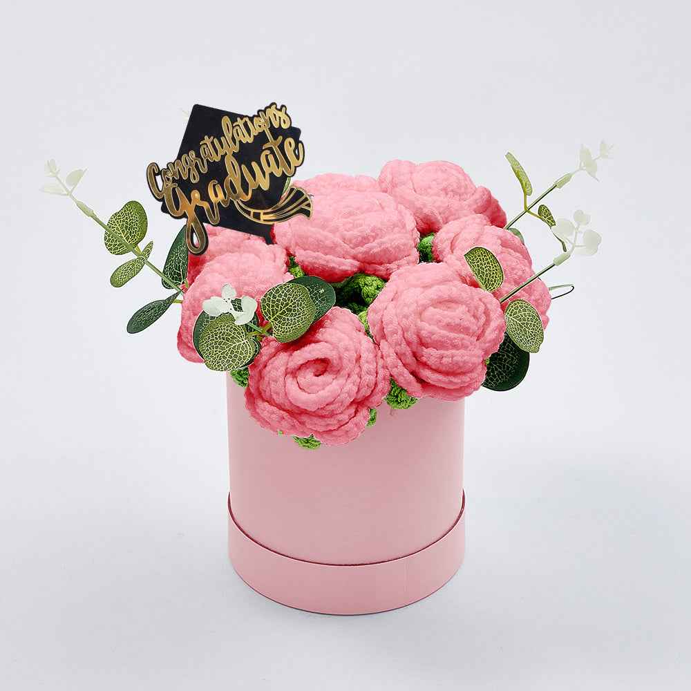 Crochet Flowers Bouquet Handmade Knitted Roses Hug Bucket Birthday Graduation Gift Box