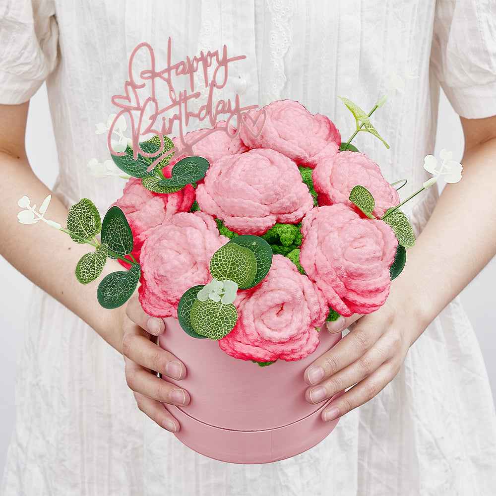 Crochet Flowers Bouquet Handmade Knitted Roses Hug Bucket Birthday Graduation Gift Box