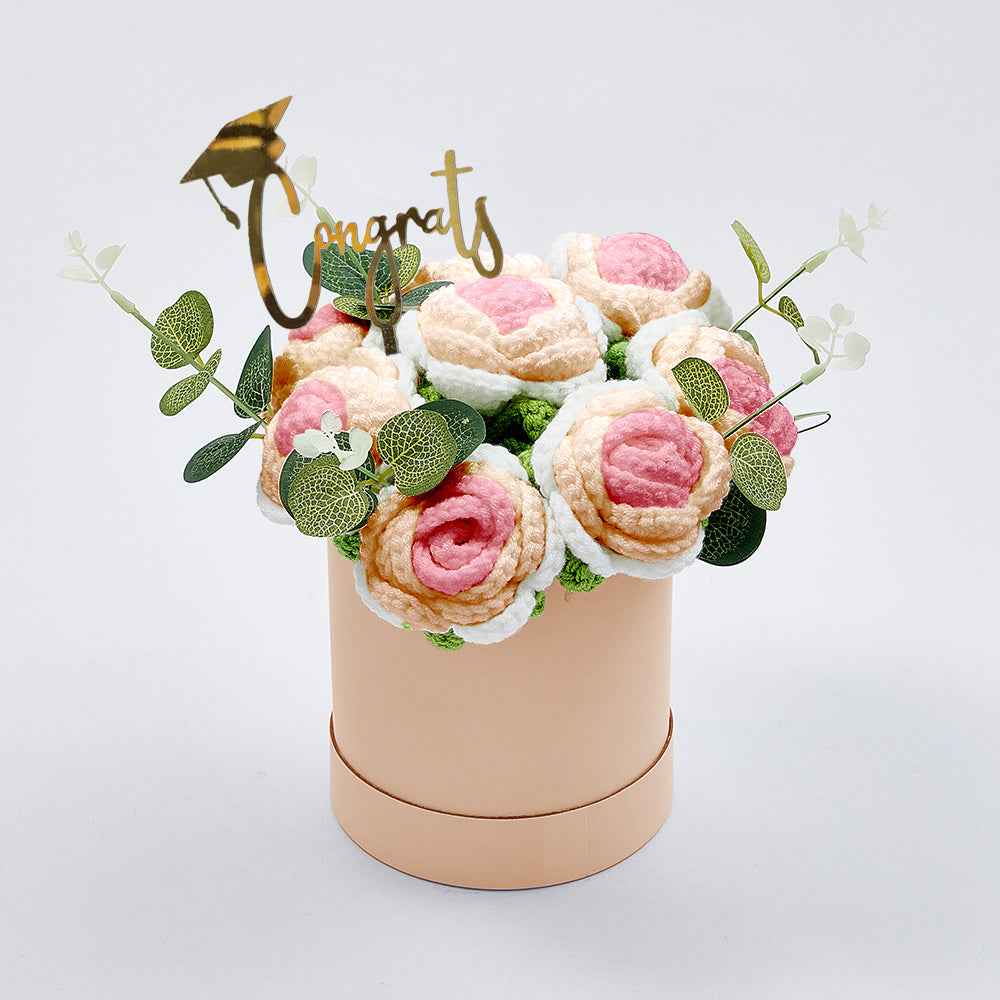 Crochet Flowers Bouquet Handmade Knitted Roses Hug Bucket Birthday Graduation Gift Box