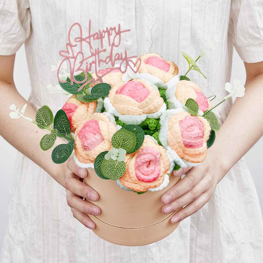 Crochet Flowers Bouquet Handmade Knitted Roses Hug Bucket Birthday Graduation Gift Box