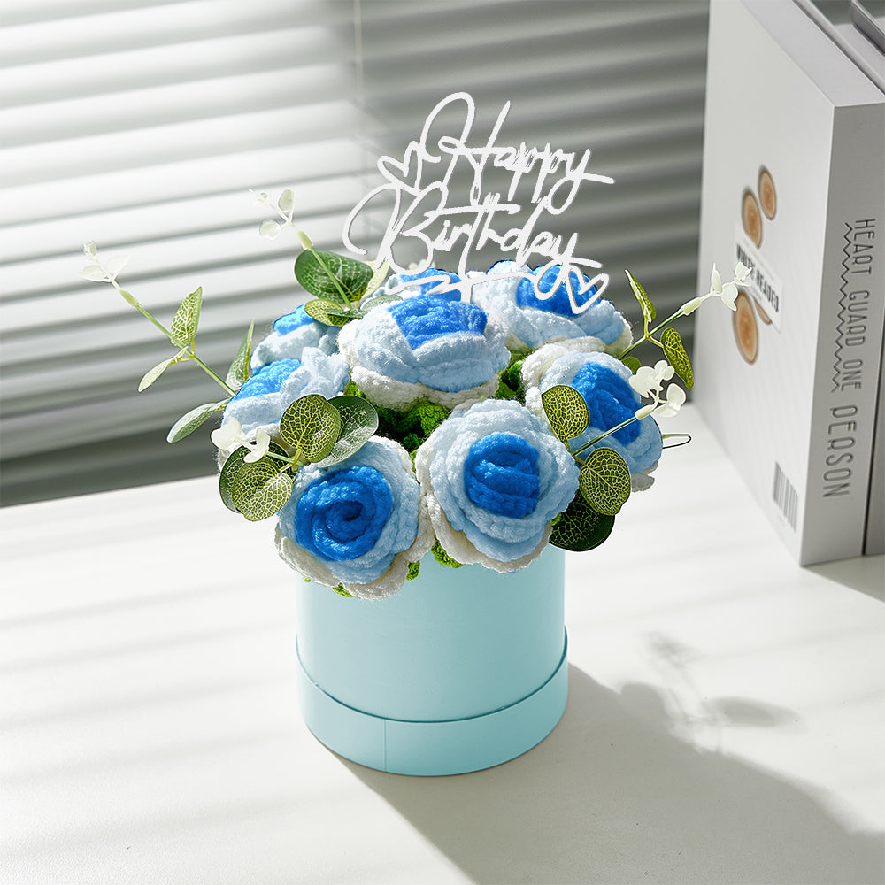 Handmade Crochet Roses Bouquet in Bucket - Personalised Knitted Gift for Birthdays & Graduations