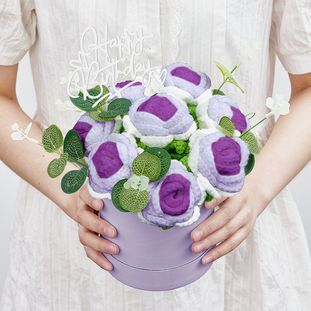 Handmade Crochet Roses Bouquet in Bucket - Personalised Knitted Gift for Birthdays & Graduations