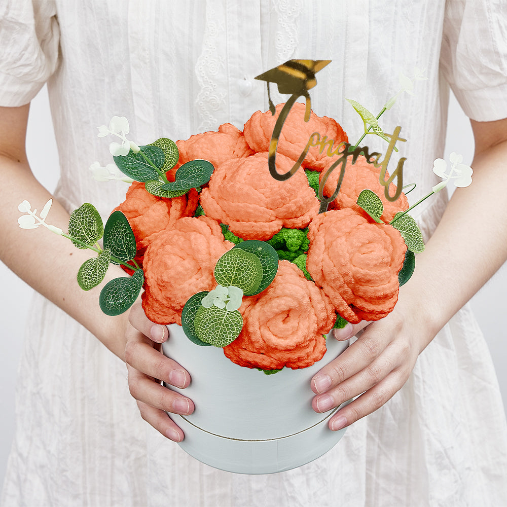 Handmade Crochet Roses Bouquet in Bucket - Personalised Knitted Gift for Birthdays & Graduations