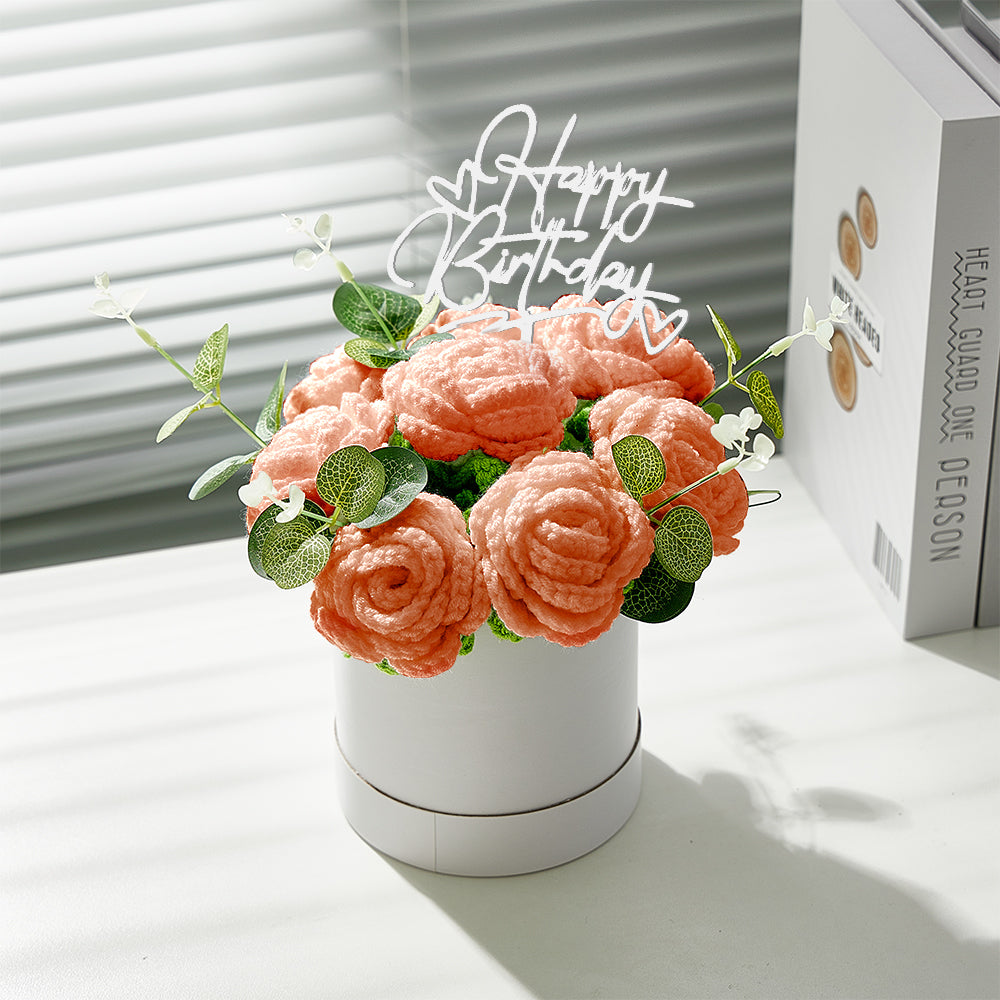Handmade Crochet Roses Bouquet in Bucket - Personalised Knitted Gift for Birthdays & Graduations