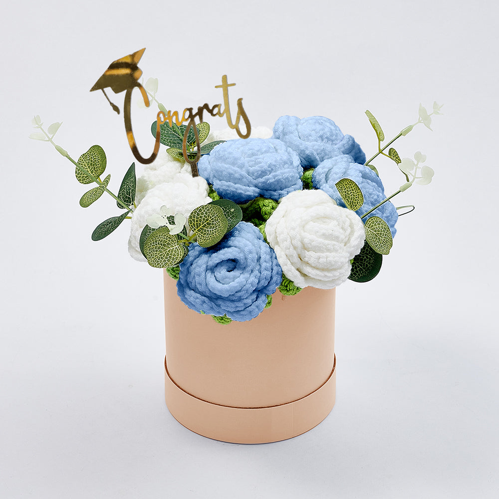 Handmade Crochet Roses Bouquet in Bucket - Personalised Knitted Gift for Birthdays & Graduations