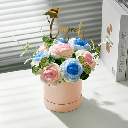 Handmade Crochet Roses Bouquet in Bucket - Personalised Knitted Gift for Birthdays & Graduations