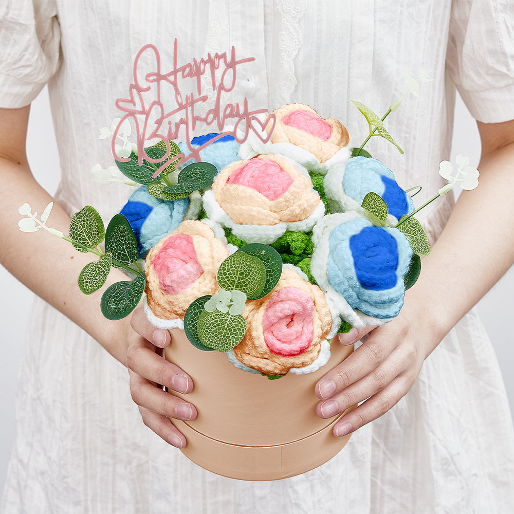 Handmade Crochet Roses Bouquet in Bucket - Personalised Knitted Gift for Birthdays & Graduations
