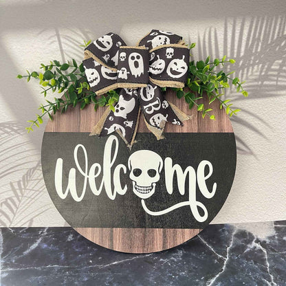 Halloween Welcome Sign for Front Door Wood Farmhouse Wreath Porch Decor Hanging Decoration Gifts
