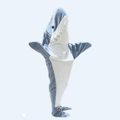 Back view of wearable shark blanket hoodie showing tail and fin — playful shark cosplay blanket and cosy loungewear