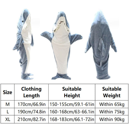 Front view of wearable shark blanket hoodie in cosy flannel — shark onesie blanket and flannel shark sleeping bag for adults