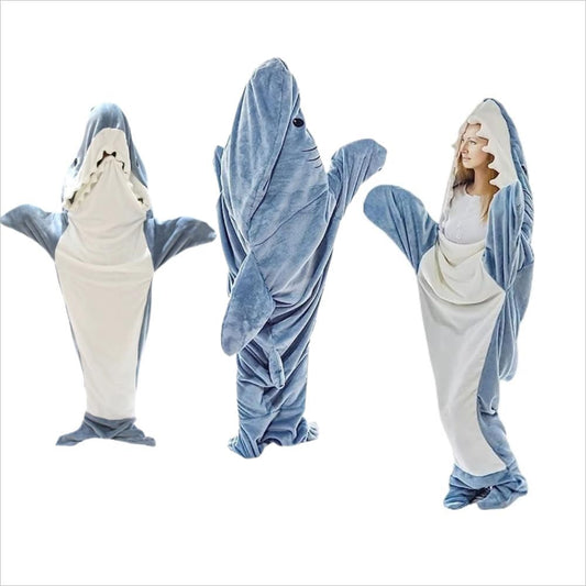 Front view of wearable shark blanket hoodie in cosy flannel — shark onesie blanket and flannel shark sleeping bag for adults