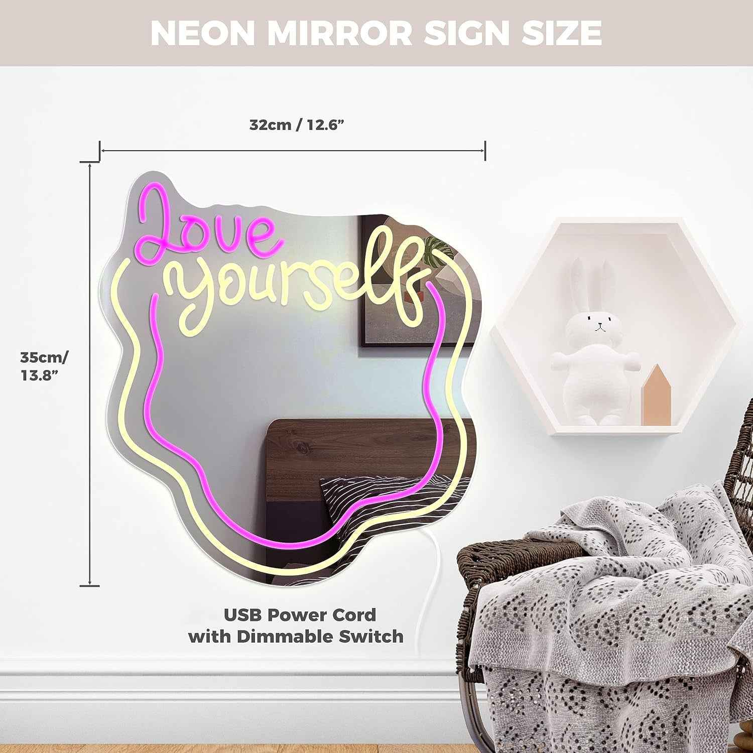 Love Yourself Mirror Light for Wall Wavy Neon Mirror LED Dimmable Light Gift for Her