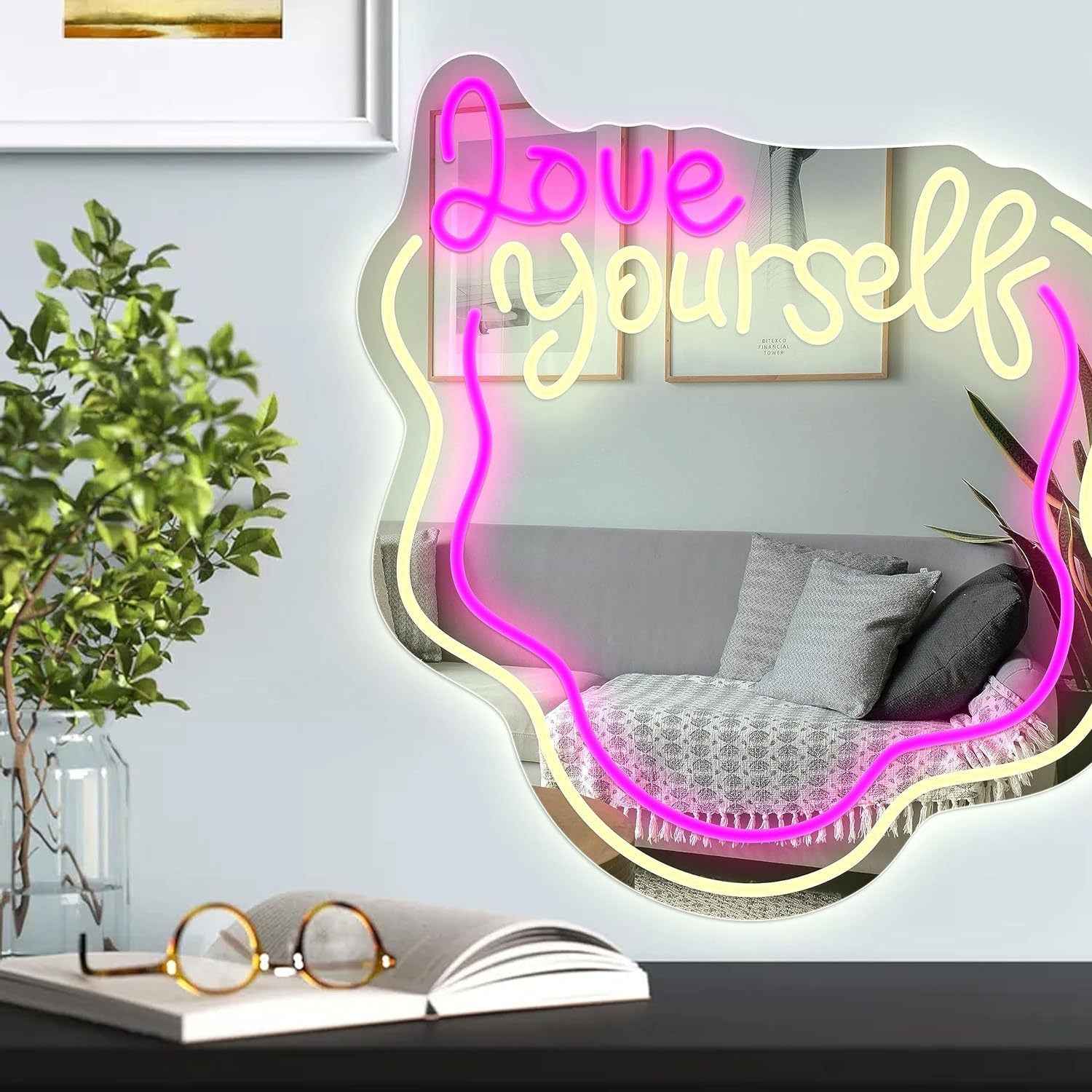 Love Yourself Mirror Light for Wall Wavy Neon Mirror LED Dimmable Light Gift for Her