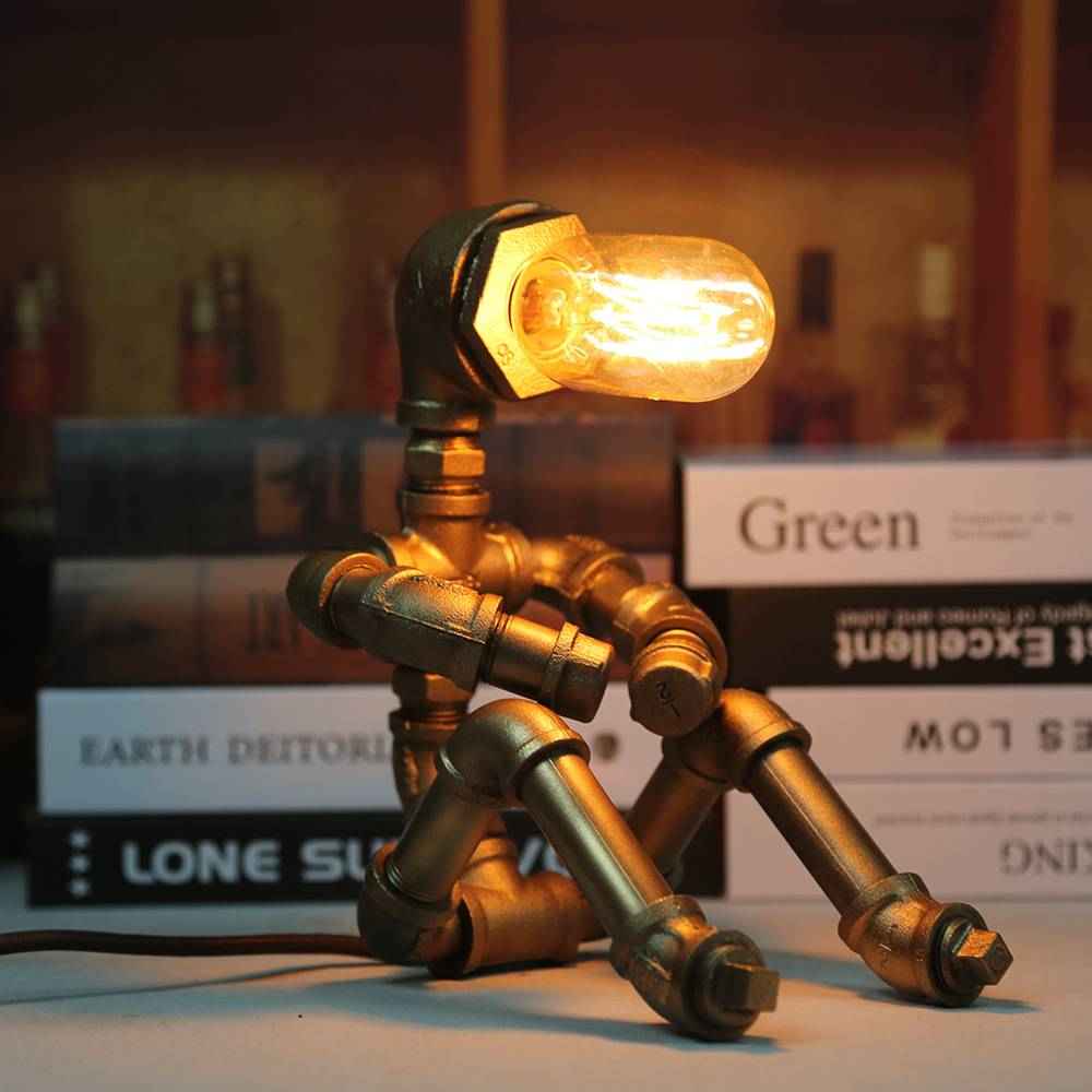 Creative Iron Tube Robot Table Lamp Water Pipe Light Retro Table Lamp for Bedroom