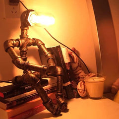Retro Iron Pipe Robot Table Lamp - Adjustable Creative Bedside Light