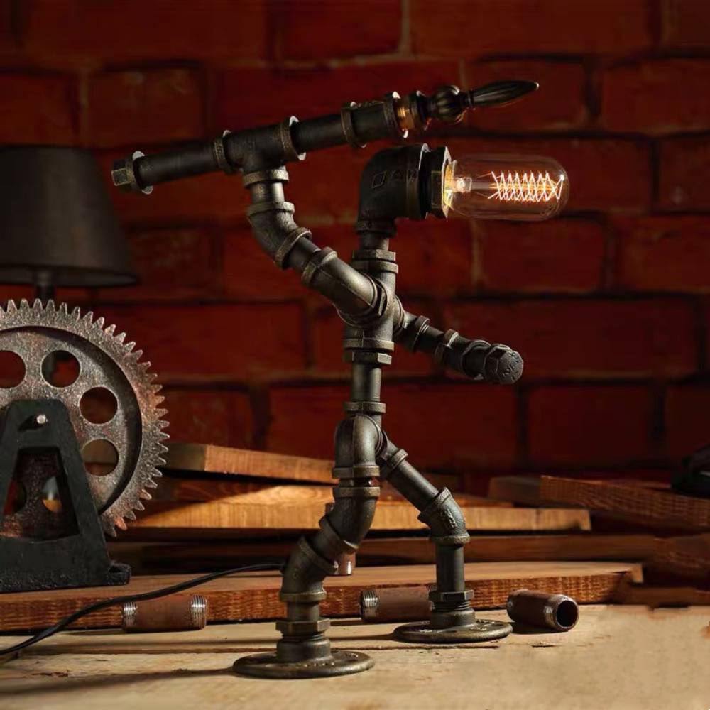 Retro Iron Pipe Robot Table Lamp - Adjustable Creative Bedside Light