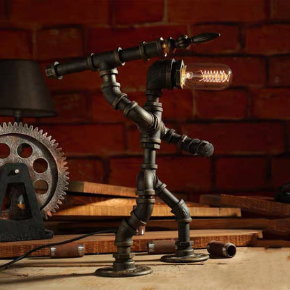 Retro Iron Pipe Robot Table Lamp - Adjustable Creative Bedside Light