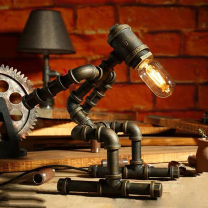 Retro Iron Pipe Robot Table Lamp - Adjustable Creative Bedside Light